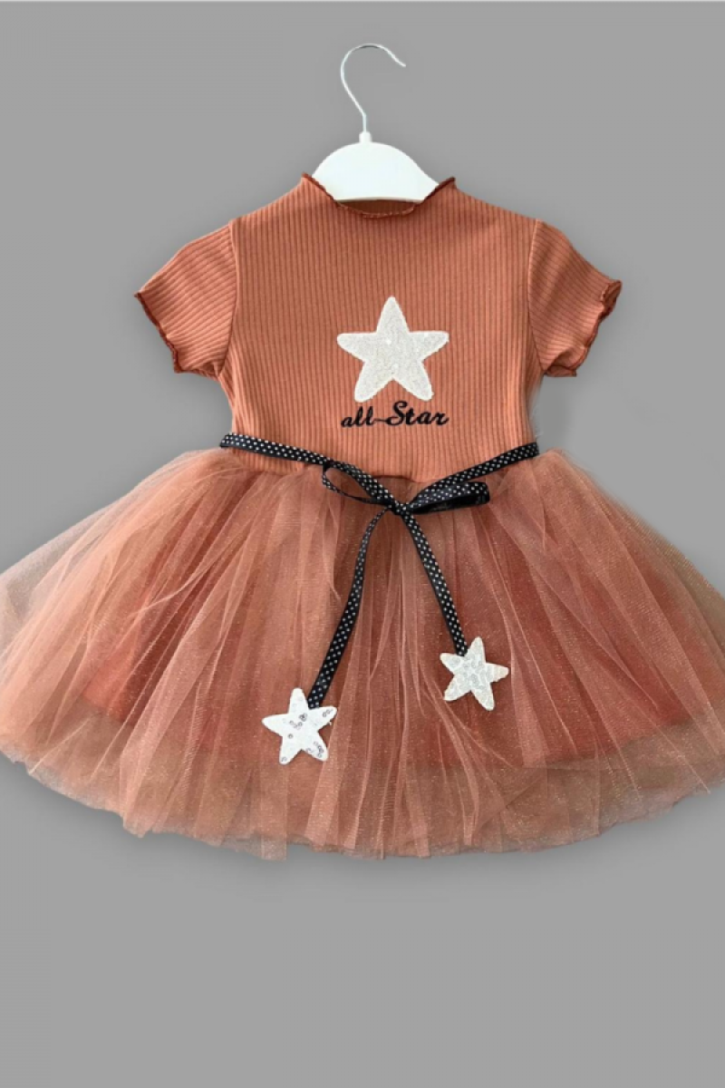 1-2-3 Yaş All Star Payetli Yıldız Nakışlı Astarlı Kız Bebek Elbisesi