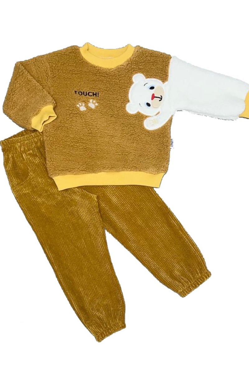 1-2-3 Ayıcık Kollu Kuzu Kumaş Sweat Kadife Pantolonlu Kız-erkek 2li Çocuk Takımı