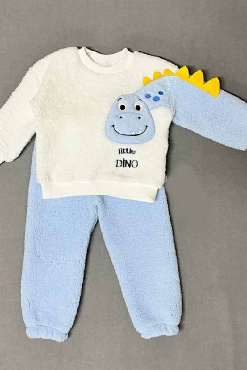 1-2-3 Yaş Minik Dino Kollu Kuzu Kumaş Sweat Pantolon Uzun Kollu Kız Erkek 2 Li Takımı