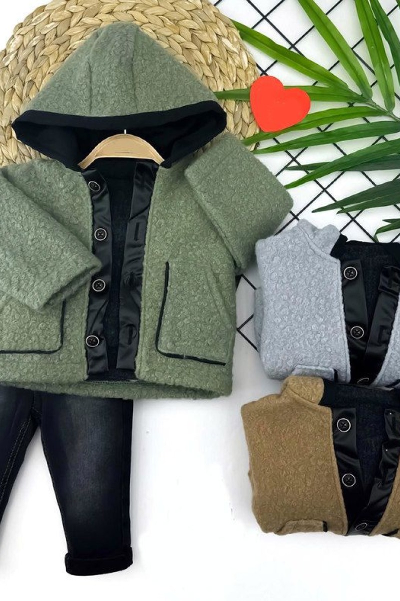 9-12-18-24 Ay Fermuar Kapamalı Kapşonlu Kırçıl Ceket Kot Pantolonlu 2li Erkek Bebek Takımı