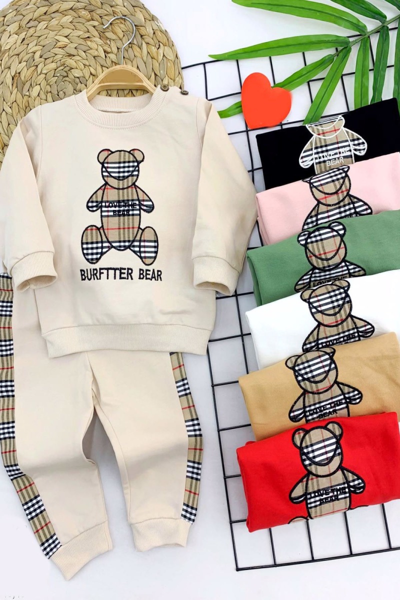 9-12-18-24 Ay Bear Nakışlı Kenar Şeritli 2li Erkek Bebek Takımı