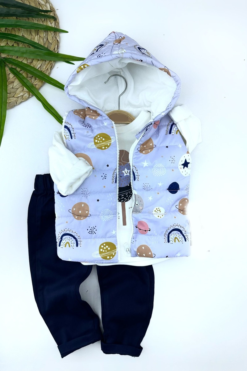 9-12-18-24 Ay Kapşonlu Fermuarlı Galaksi Şişme Yelek Sweat Pantolonlu 3lü Kız Erkek Bebek Takımı