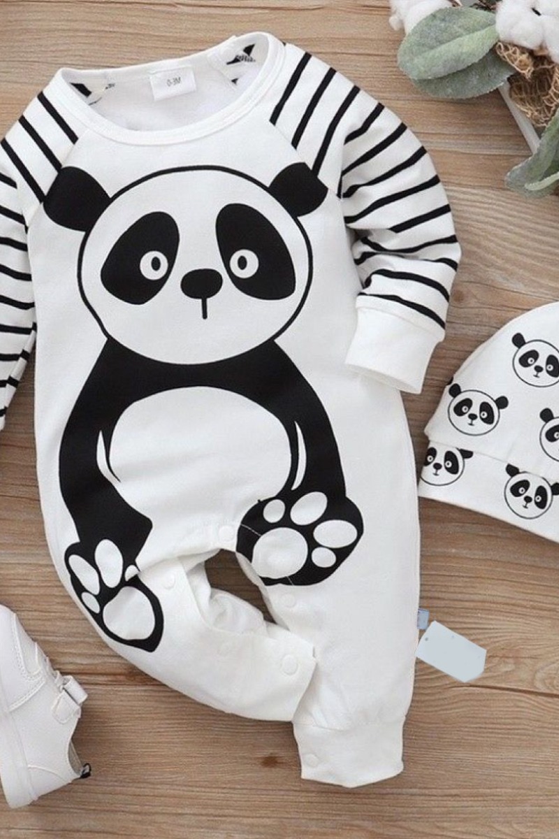 3-6-9-12 Ay Panda Baskılı Kuyruklu Şapkalı Uzun Kollu Kız Erkek Bebek Tulumu
