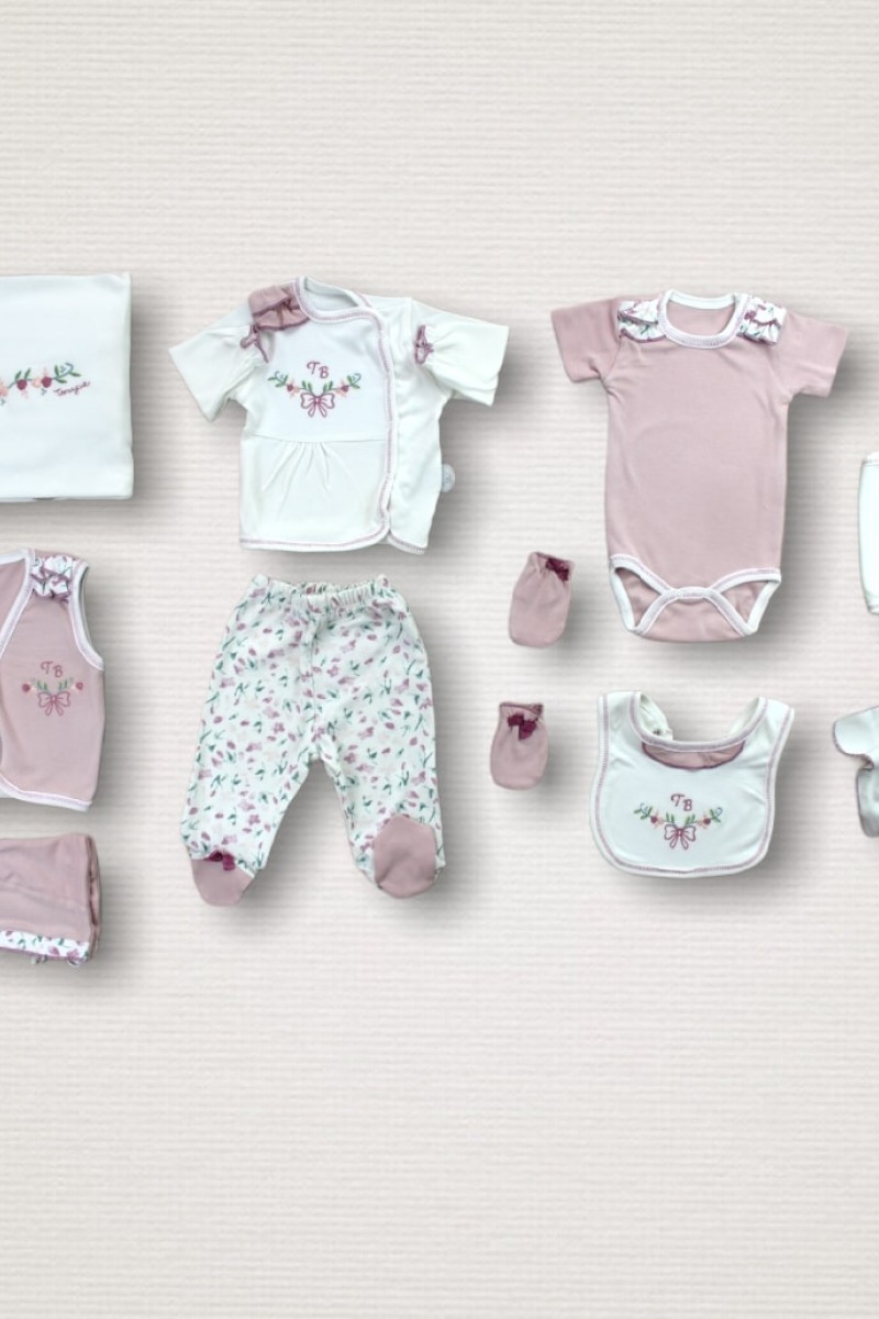 Bahar Çiçekleri Nakışlı %100 Cotton Antibakteriyel 10lu Zıbın Takımı Hastane Çıkışı
