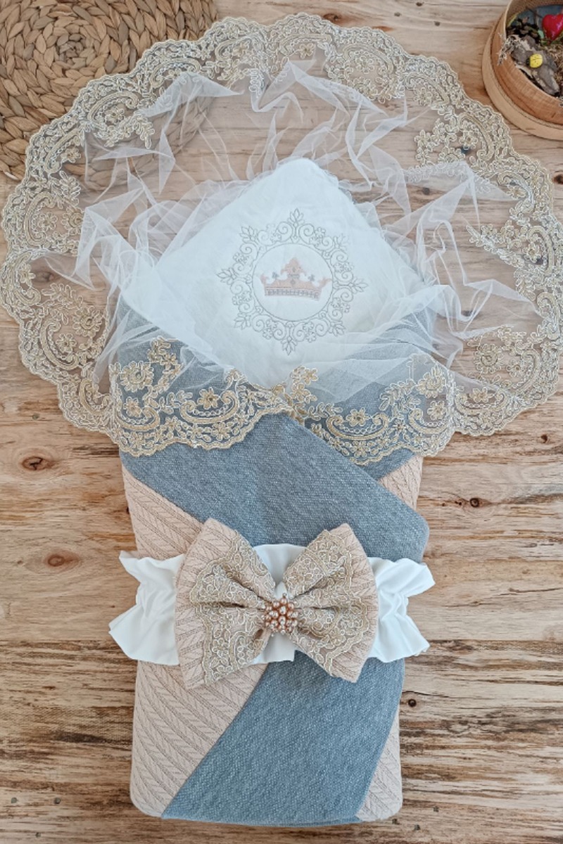 Yenidoğan Teri Cotton Taç Nakışlı Prizma Taş Kundak Bebek Battaniyesi