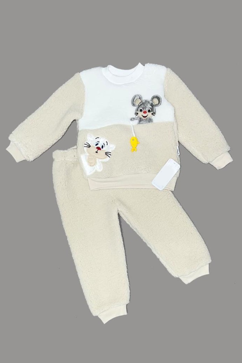 1-2-3 Yaş Sallanan Balık Nakışlı Kuzu Kumaş Sweat Pantolon Uzun Kollu Kız Erkek 2 Li Takımı