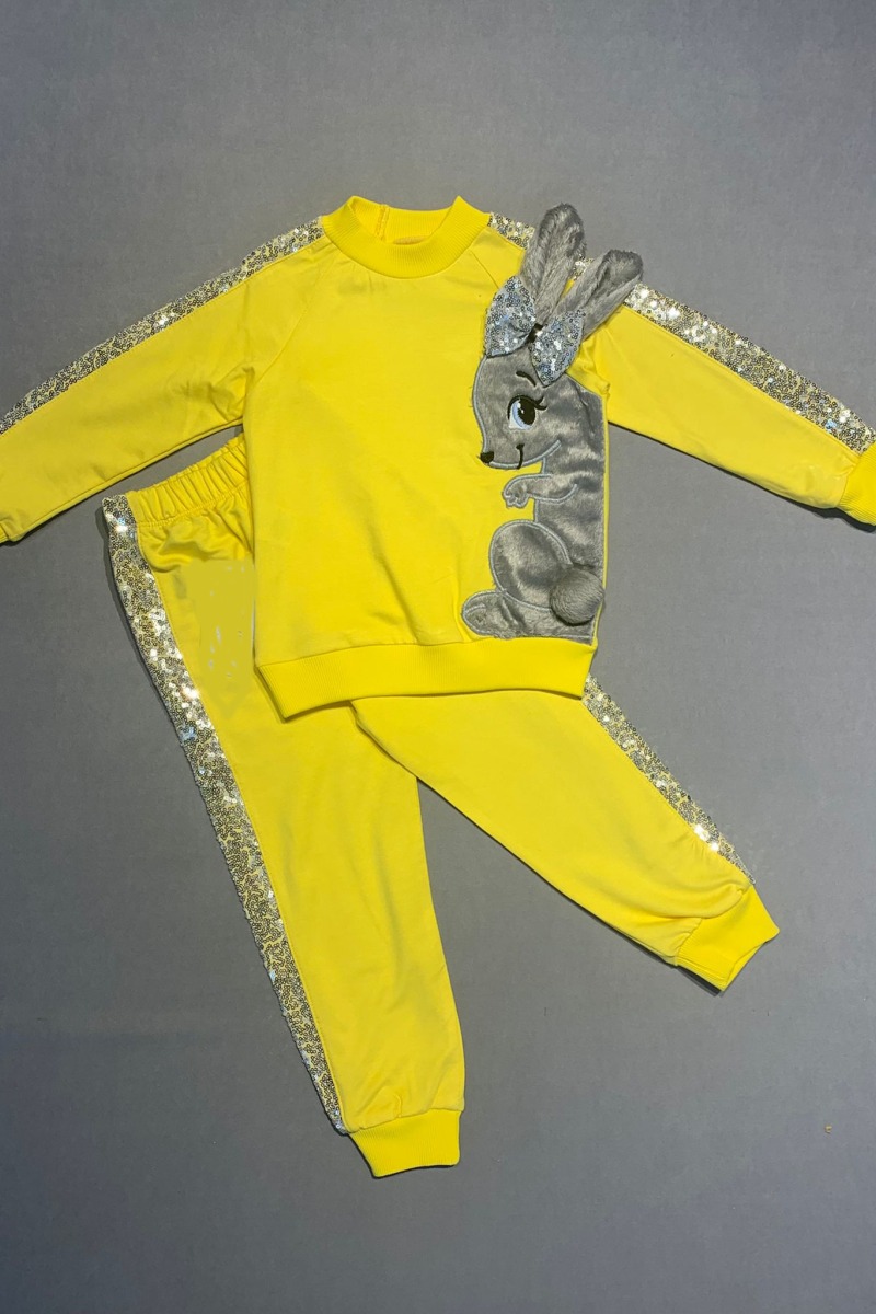 1-2-3 Yaş Payetli Pelüş Tavşan Desenli Likra Penye Kumaş Sweat Pantolonlu Kız 2li Çocuk Takımı