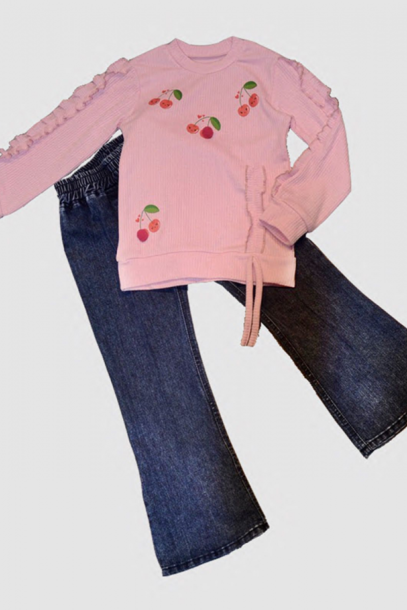 4-5-6 Yaş Kot Pantolonlu Kiraz Desenli Penye Sweat Uzun Kollu 2li Kız Çocuk Takımı