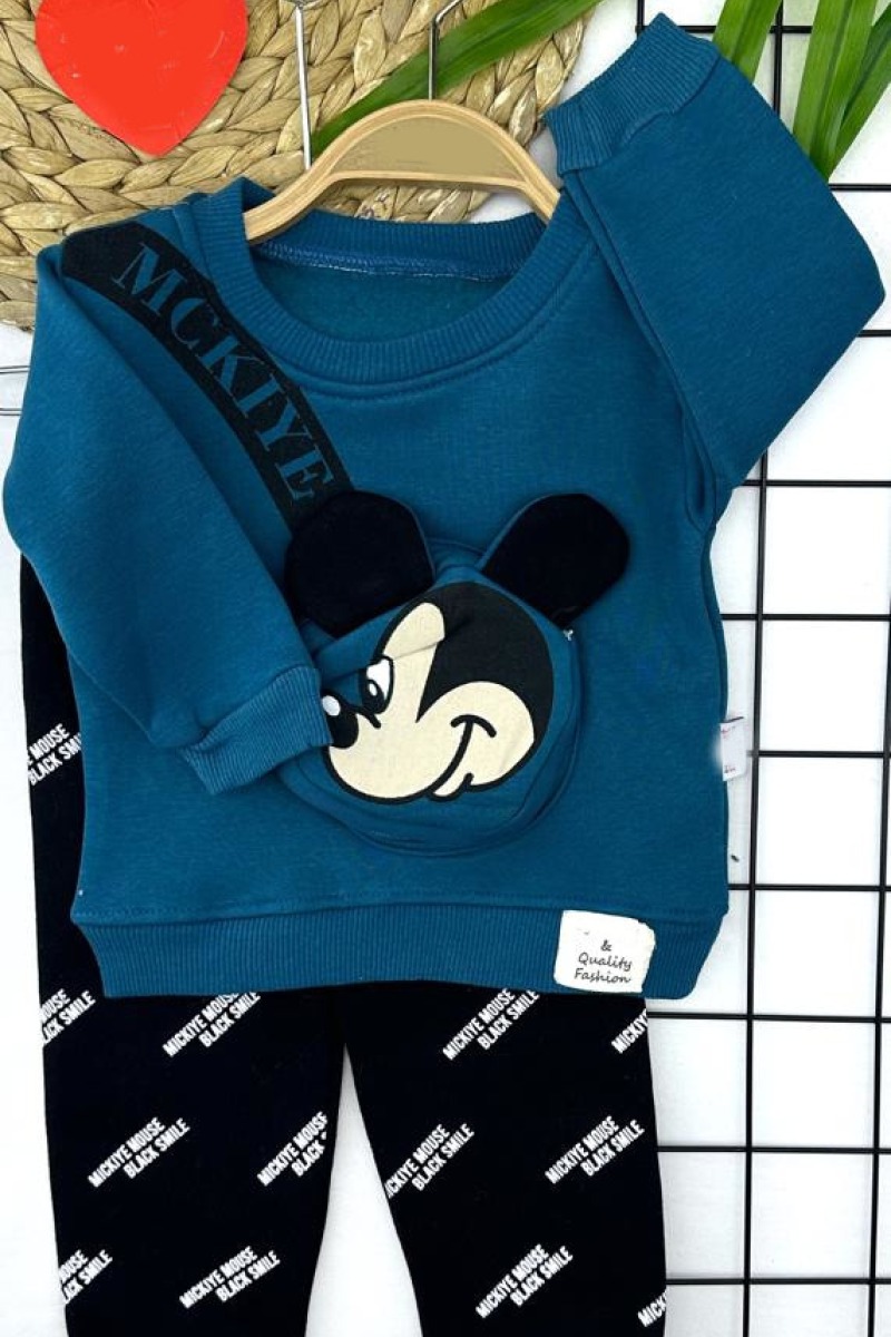 9-12-18-24 Ay Mickey Kendinden Ferumarlı Çanta Uzun Kollu Sweat 2li Kız Erkek Bebek Takımı