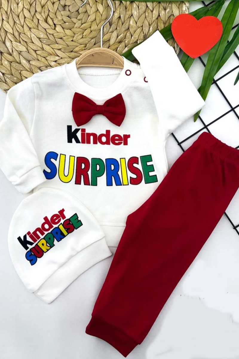 3-6-9-12 Ay Kinder Sürprise Baskılı Papyon Ve Şapkalı 3lü Kız Erkek Bebek Takımı