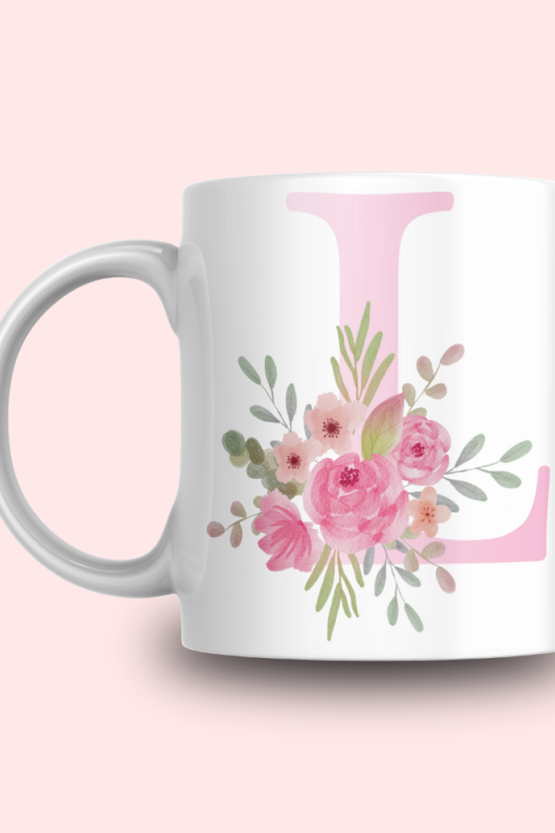 Pembe Çiçek Desenli L Harfli Kupa