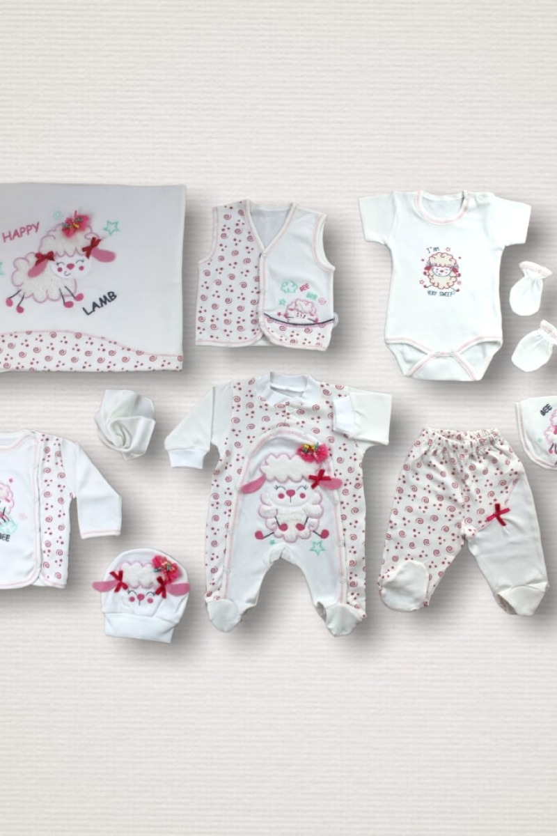 Kıvırcık Kuzu Nakışlı %100 Cotton Antibakteriyel 10lu Zıbın Takımı Hastane Çıkışı