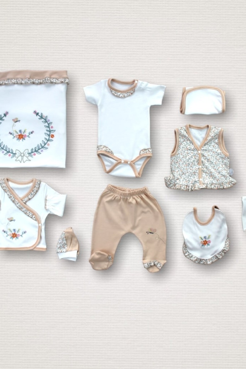 Erguvan Taç Nakışlı %100 Cotton Antibakteriyel Kız Bebek 10lu Zıbın Takımı Hastane Çıkışı