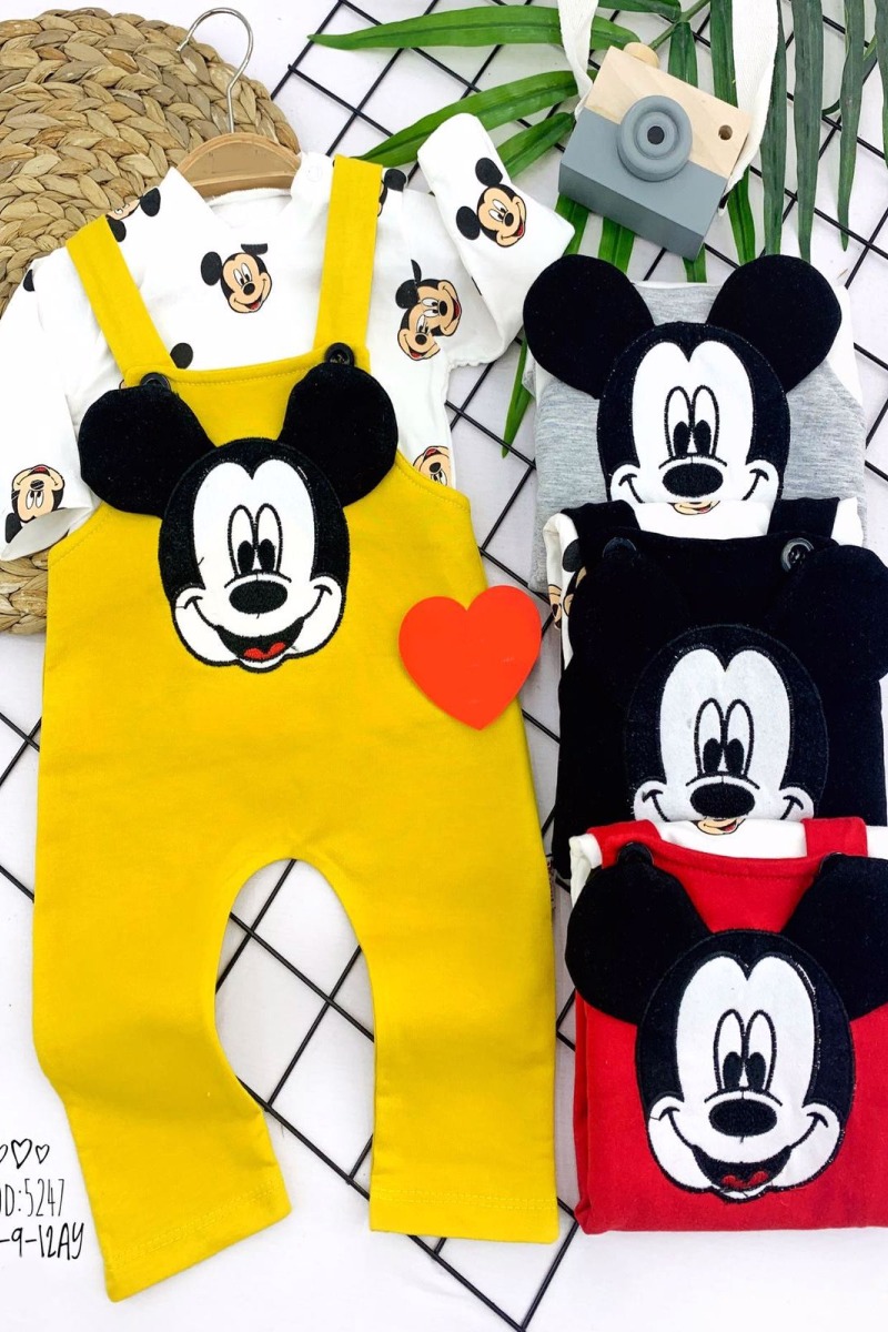 3-6-9-12 Ay Mickey Figürlü Uzun Kollu Baskılı Sweatli 2li Kız Erkek Bebek Salopet Takımı