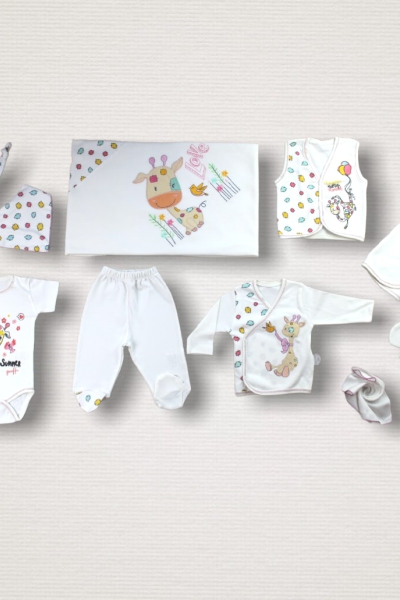 Love Zürafa Nakışlı %100 Cotton Antibakteriyel 10lu Zıbın Takımı Hastane Çıkışı