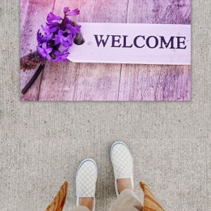 Dijital Baskı Dekoratif Welcome Lila Kapı Önü Paspası K-1254