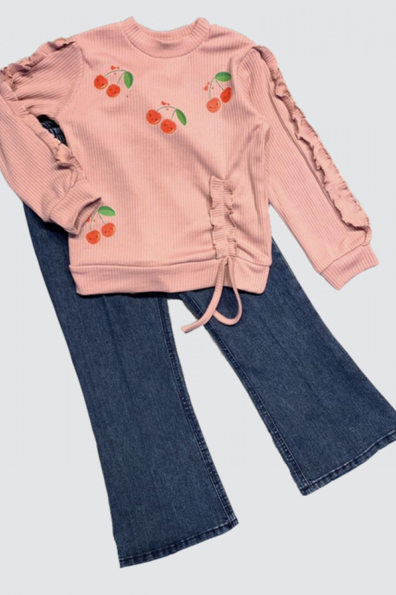 4-5-6 Yaş Kot Pantolonlu Kiraz Desenli Penye Sweat Uzun Kollu 2li Kız Çocuk Takımı