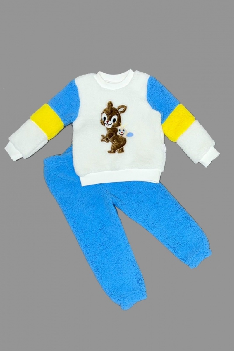 1-2-3 Yaş Oyuncu Sincap Nakışlı Kuzu Kumaş Sweat Pantolon Uzun Kollu Kız Erkek 2 Li Takımı