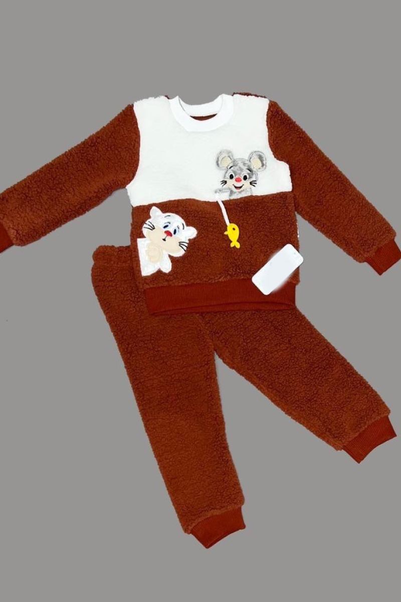 1-2-3 Yaş Sallanan Balık Nakışlı Kuzu Kumaş Sweat Pantolon Uzun Kollu Kız Erkek 2 Li Takımı