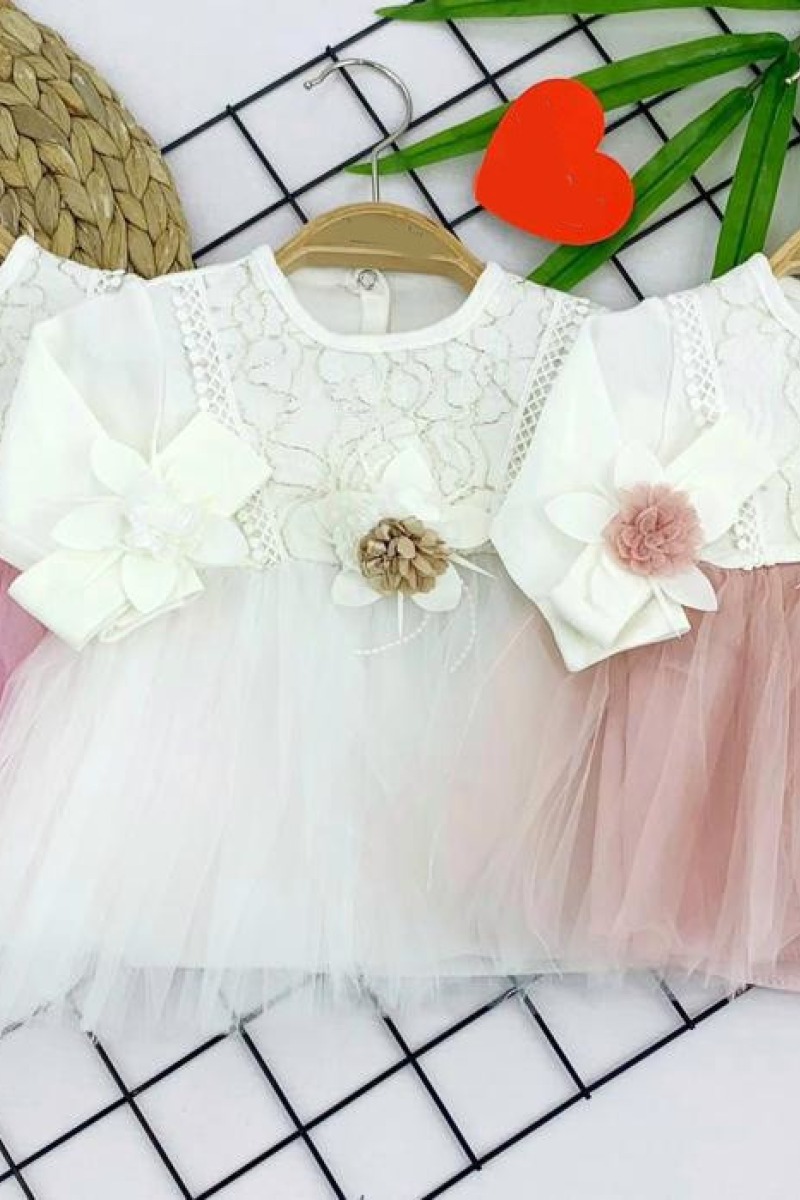 6-9-12-18 Ay Dalga Desenli Bandanalı Astarlı Kız Bebek Elbisesi