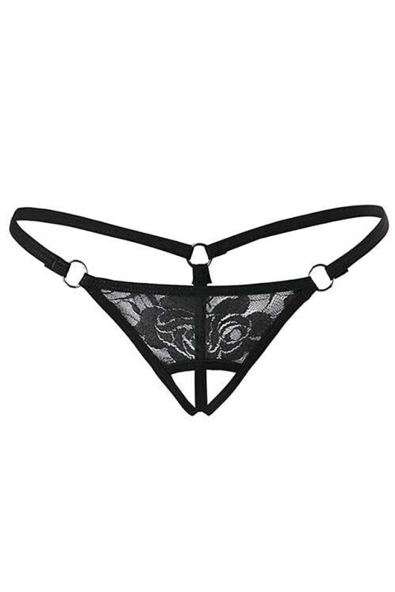 Siyah Dantelli Özel Bölgesi Açık G-String TM1167