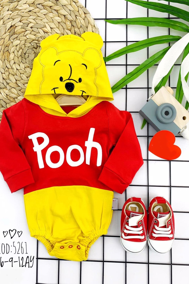 3-6-9-12 Ay Kapşonlu Pooh Desenli Uzun Kollu Kız Erkek Bebek Bady &zıbın