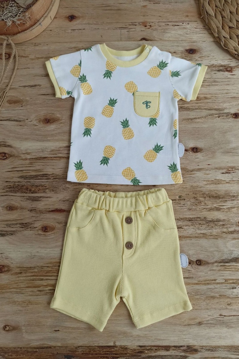 3-6 6-9 9-12 Ay Ananas Baskılı Şort Tişört 2 Li Kız Erkek Bebek Takımı