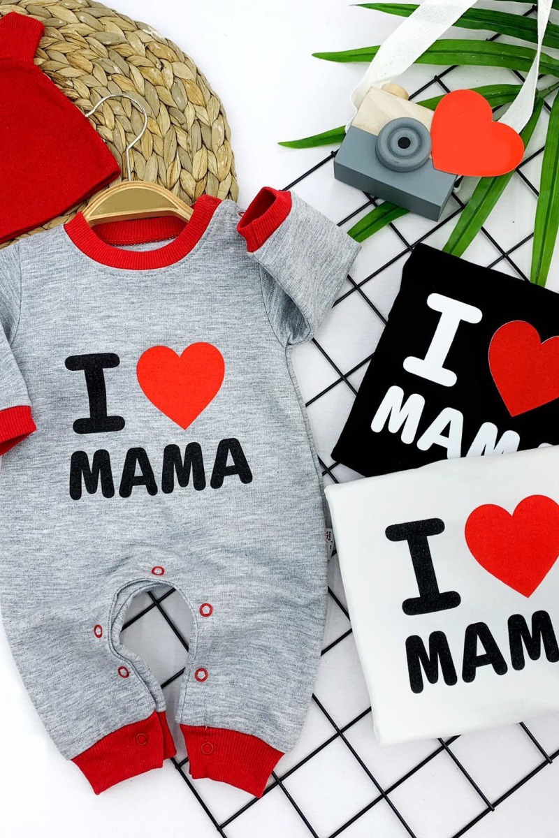 3-6-9-12 Ay Kulaklı Şapka I Love Mama Baskılı Kız Erkek Bebek Tulum
