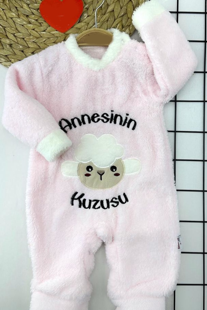 3-6-9-12 Ay Kuzu Tüylü Kumaş Annesinin Kuzusu Nakışlı Alttan Çıtçıtlı Kız Erkek Bebek Tulumu