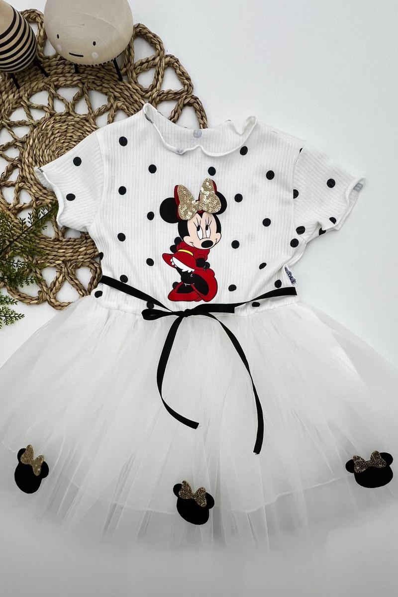 2-3-4 Yaş Puantiyeli Mickey Baskılı Kurdela Kuşaklı Astarlı Kız Bebek Tütü Elbisesi