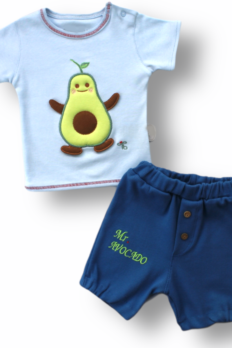 3-6 6-9 9-12 12-18 Ay Avokado Nakışlı Kısa Kollu Sweatli Şortlu 2li Kız-erkek Bebek Takımı