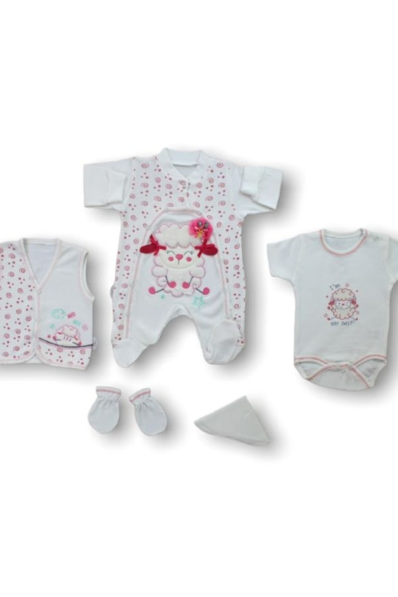 Kuzucuk Nakışlı %100 Cotton Antibakteriyel 5li Zıbın Takımı Hastane Çıkışı