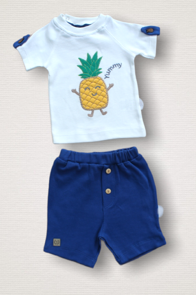 6-9 9-12 12-18 Ay Ananas Nakışlı Kısa Kollu Sweatli Şortlu 2li Kız-erkek Bebek Takımı
