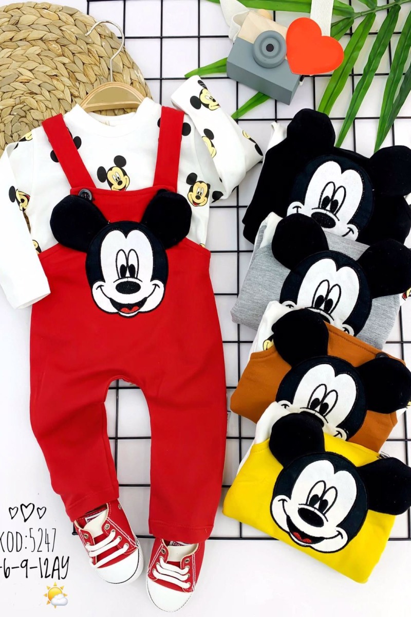 3-6-9-12 Ay Mickey Figürlü Uzun Kollu Baskılı Sweatli 2li Kız Erkek Bebek Salopet Takımı