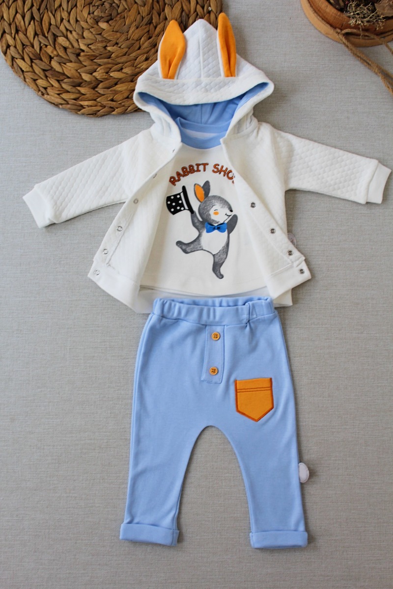 6-9-12 Ay Rabbit Şhow Nakışlı Kapşonlu Ceket Uzun Kollu Sweat Erkek Bebek 3lü Takım