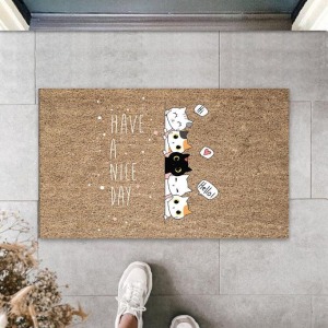 Kahverengi Kapı Önü Paspası Have A Nice Day Kedicikler Desen  K-3241