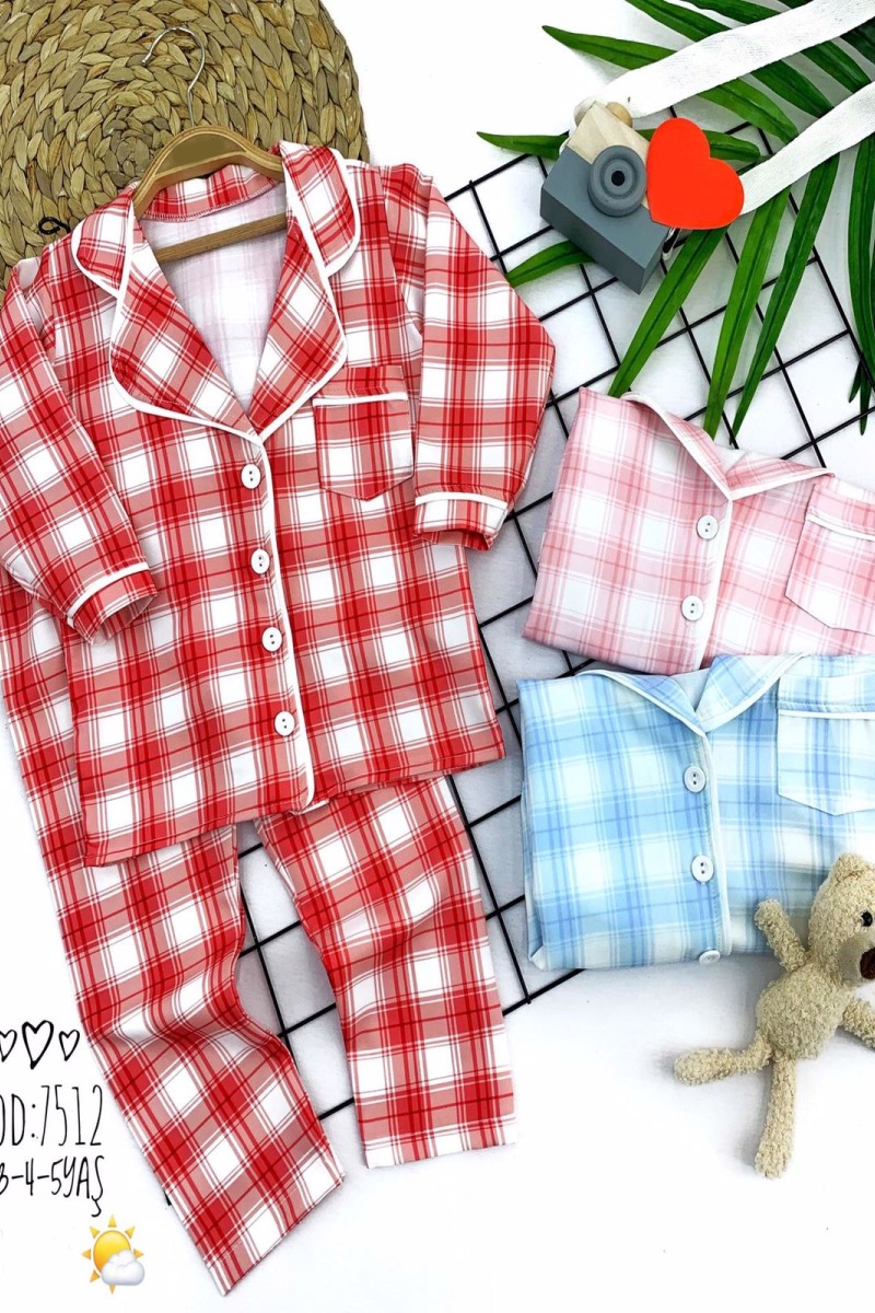 2-3-4-5 Yaş Düğme Kapamalı Ekose Desenli 2li Kız Erkek Çocuk Pijama Takımı