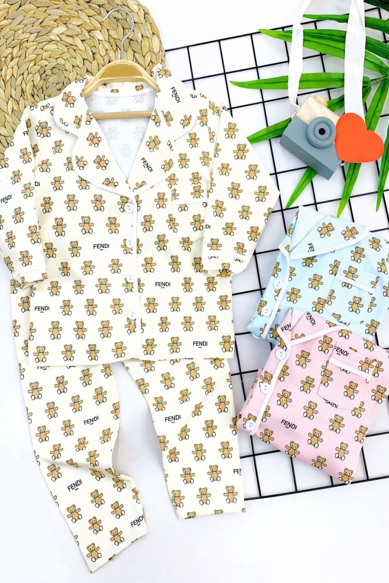 3-4-5-6 Yaş Fendi Baskılı Düğme Kapama 2li Kız Erkek Çocuk Pijama Takımı