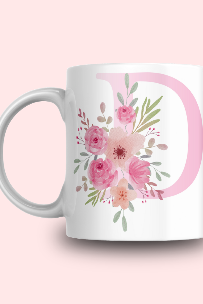 Pembe Çiçek Desenli D Harfli Kupa