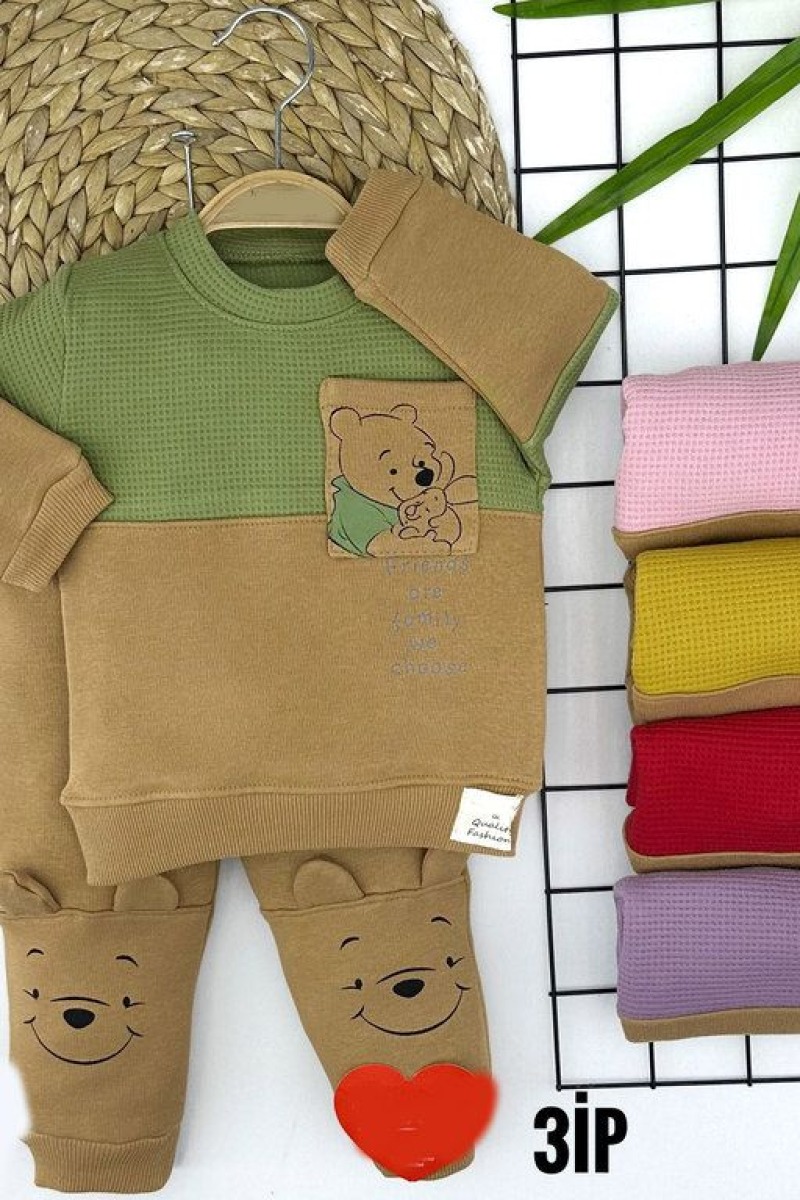 9-12-18-24 Ay Pooh Ayıcık Baskılı Tek Cepli Uzun Kollu 2li Kız Erkek Bebek Takımı