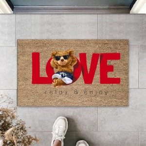 Dekoratif Dijital Love Ayıcık Bej Kapı Paspası Dış Mekan Paspas K-3178