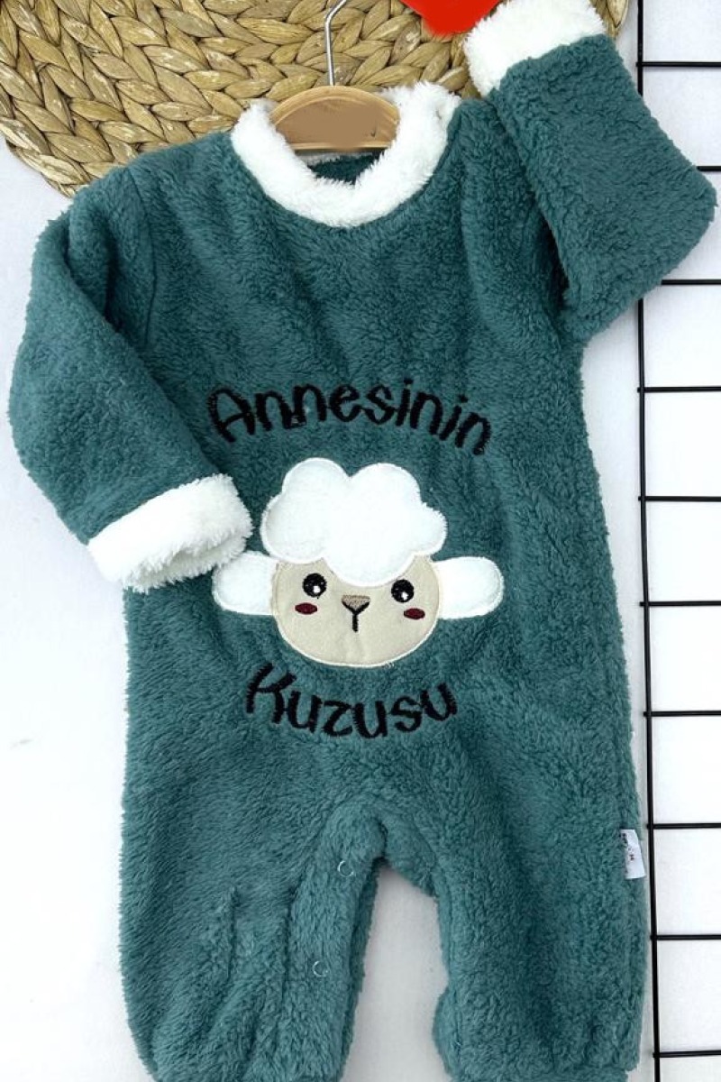 3-6-9-12 Ay Kuzu Tüylü Kumaş Annesinin Kuzusu Nakışlı Alttan Çıtçıtlı Kız Erkek Bebek Tulumu