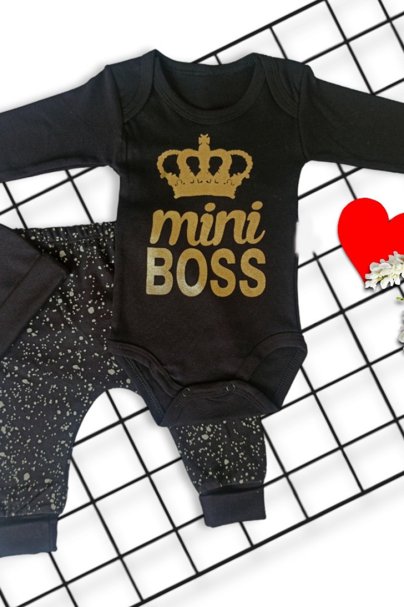 3-6 Ay Şapkalı Mini Taç Baskılı Uzun Kollu 3lü Kız Bebek Takımı