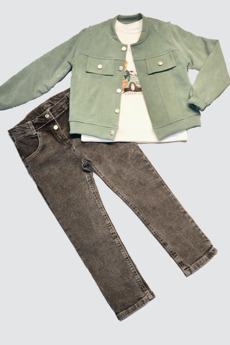 4-5-6 Yaş Kot Pantolonlu Nubukceketli Uzun Kollu Penye Sweat 3lü Erkek Çocuk Takımı