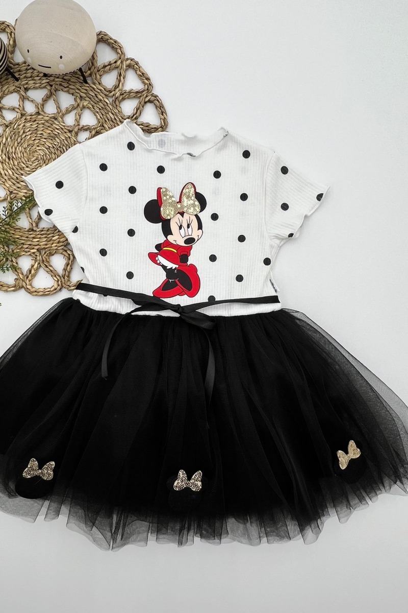 2-3-4 Yaş Puantiyeli Mickey Baskılı Kurdela Kuşaklı Astarlı Kız Bebek Tütü Elbisesi