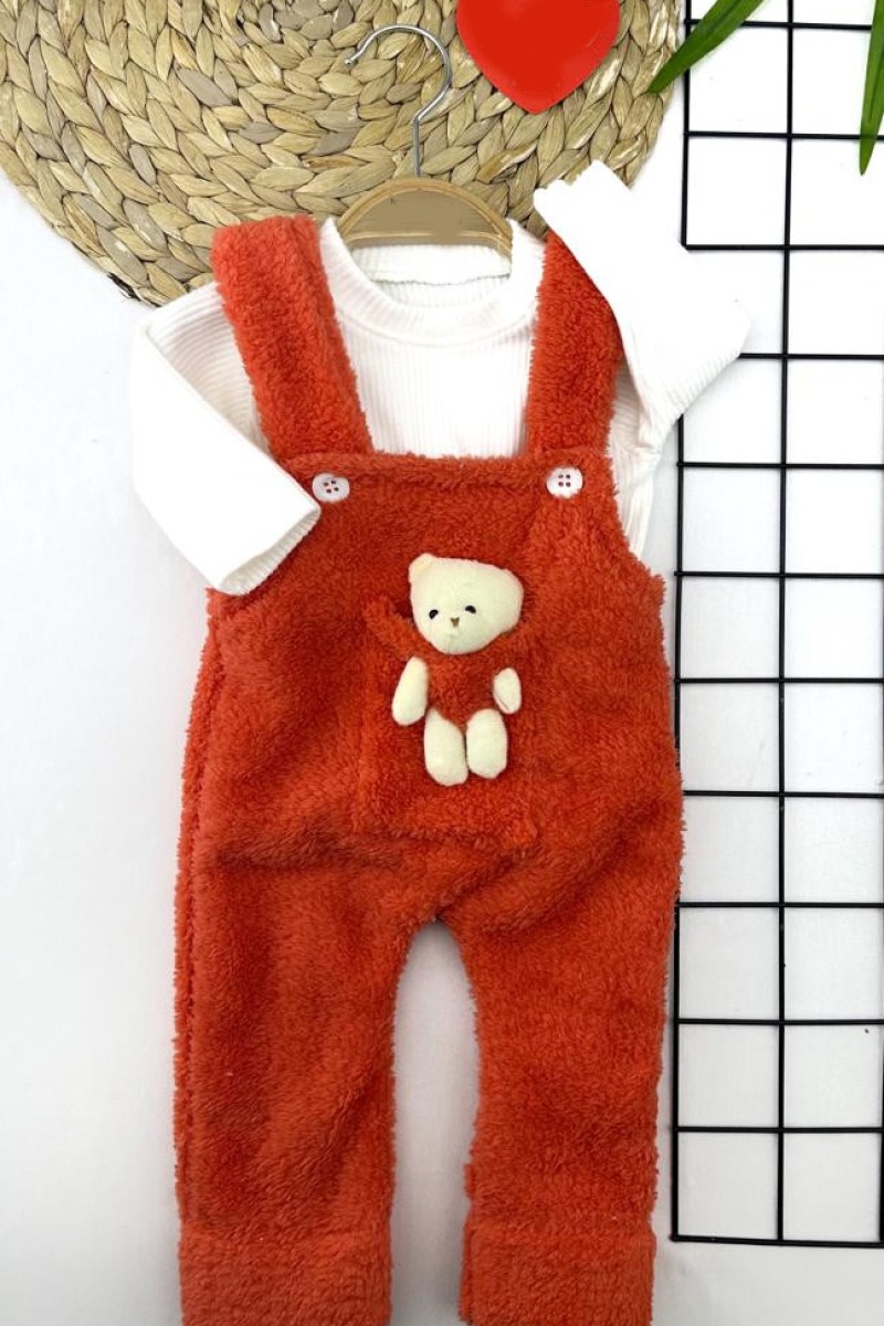 3-6-9-12 Ay Kuzu Tüylü Kumaş Ayıcıklı Önden Cepli İçi Sweatli 2li Kız Erkek Bebek Salopet