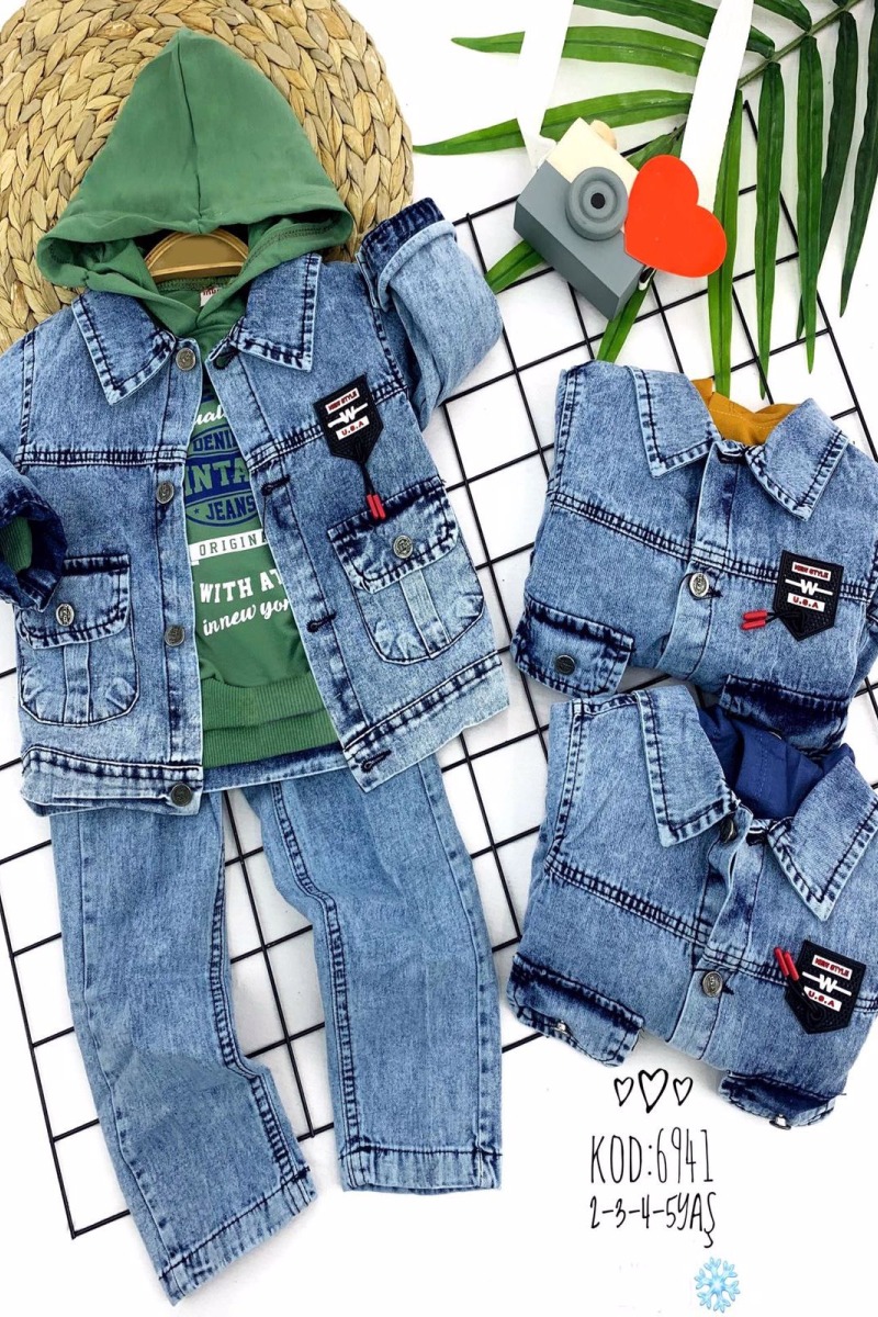 2-3-4-5 Yaş Kapşonlu Sweat Cepli Kot Ceket Ve Pantolonlu 3lü Erkek Bebek Takımı