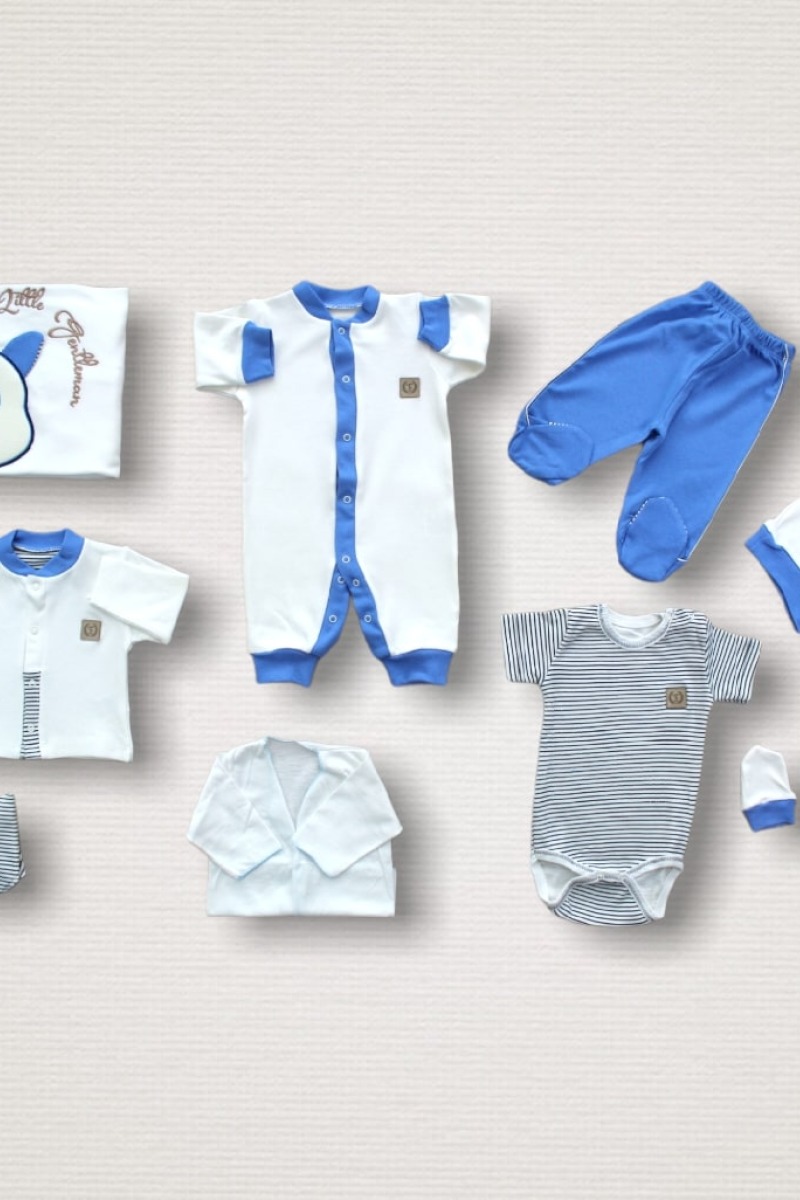 Minik Centilmen Ayı Nakışlı %100 Cotton Antibakteriyel 10lu Zıbın Takımı Hastane Çıkışı