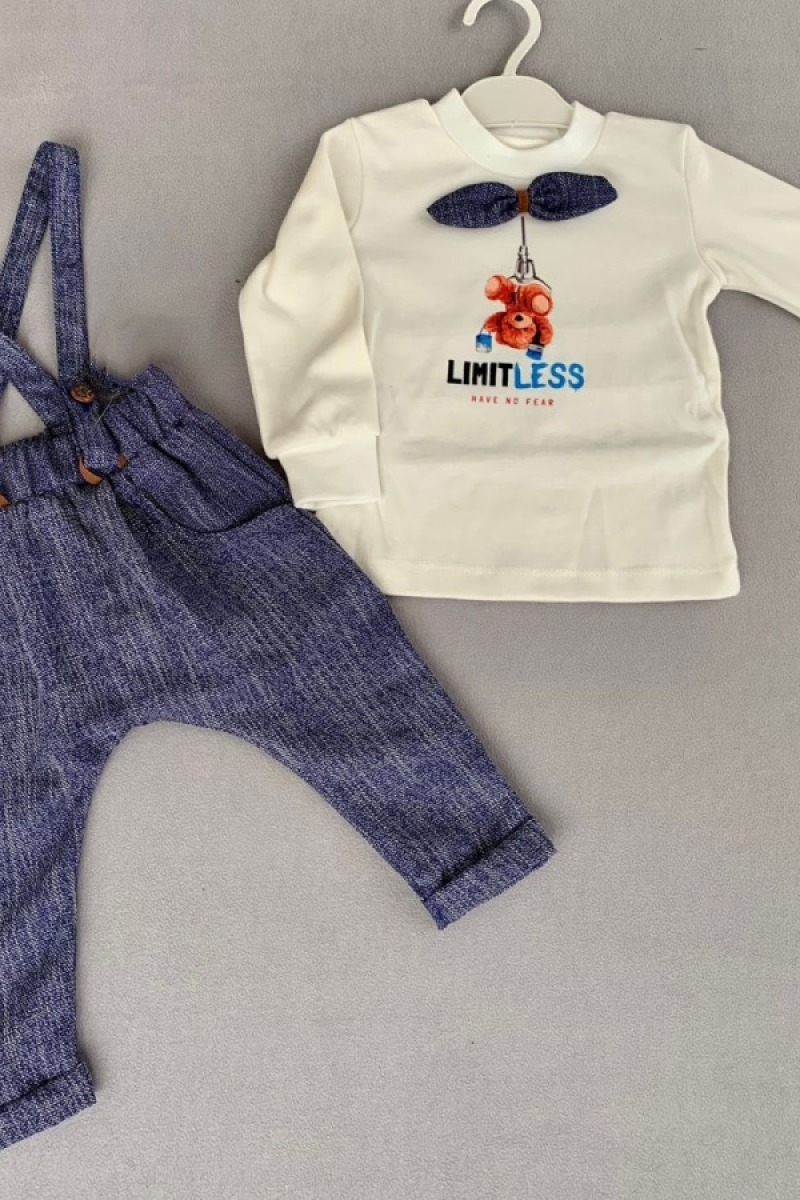 9-12-18 Ay Papyonlu Sweat Kot Pantolon 2li Erkek Bebek Salopet Takımı