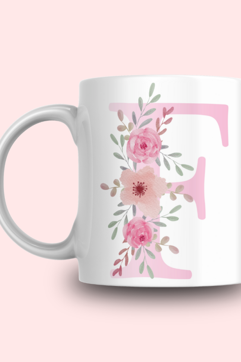 Pembe Çiçek Desenli F Harfli Kupa